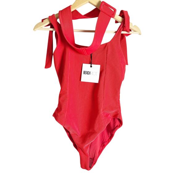 Beach Riot Sydney Red Belted Tie Shoulder Square Neck One Piece Swimsuit Size M - Picture 2 of 7